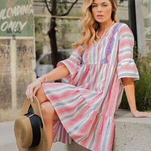 NWT Easel Embroidered Pink Stripe Boho Dress